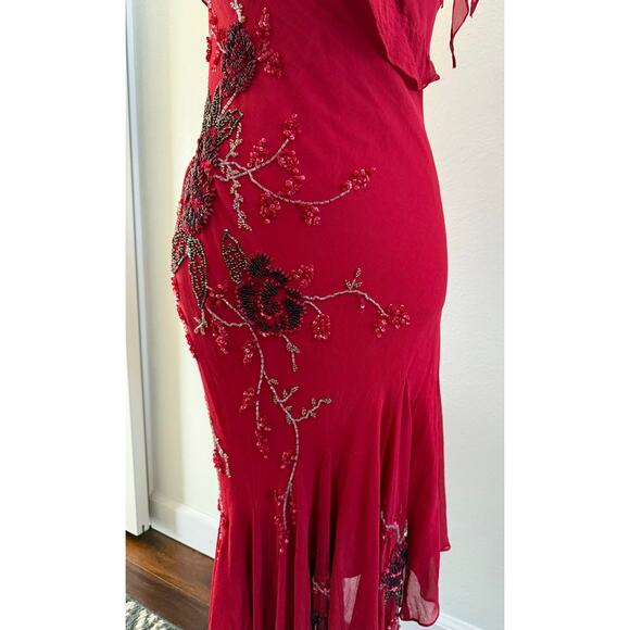 FLAWED Vintage Sue Wong Y2K Red Beaded Embroidered Asymmetrical Dress 12 S XS - Picture 8 of 17